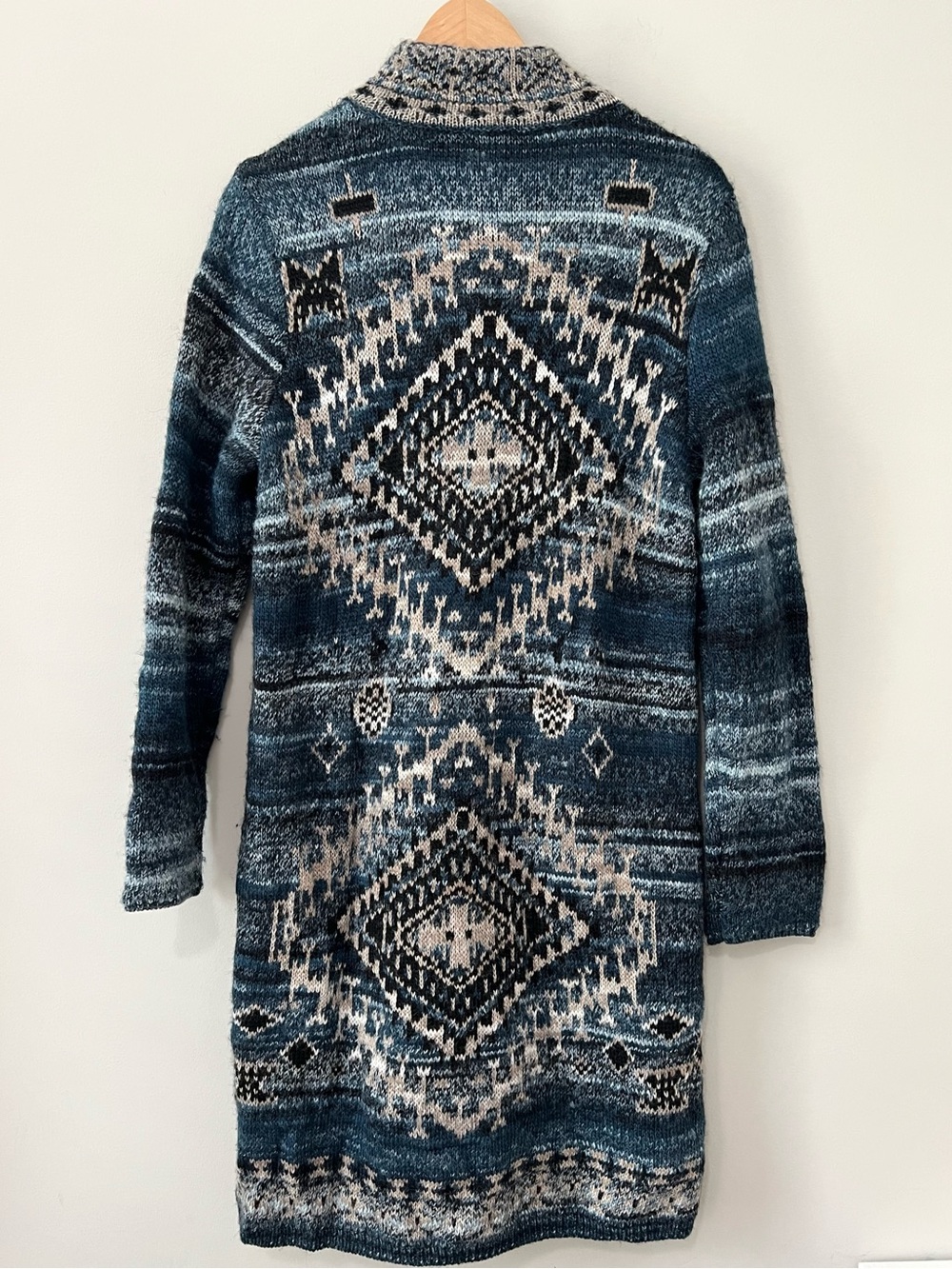 J. Jill Southwestern Aztec Long Cardigan Sweater Duster Blue Boho Knit Jacket S - Picture 6 of 10